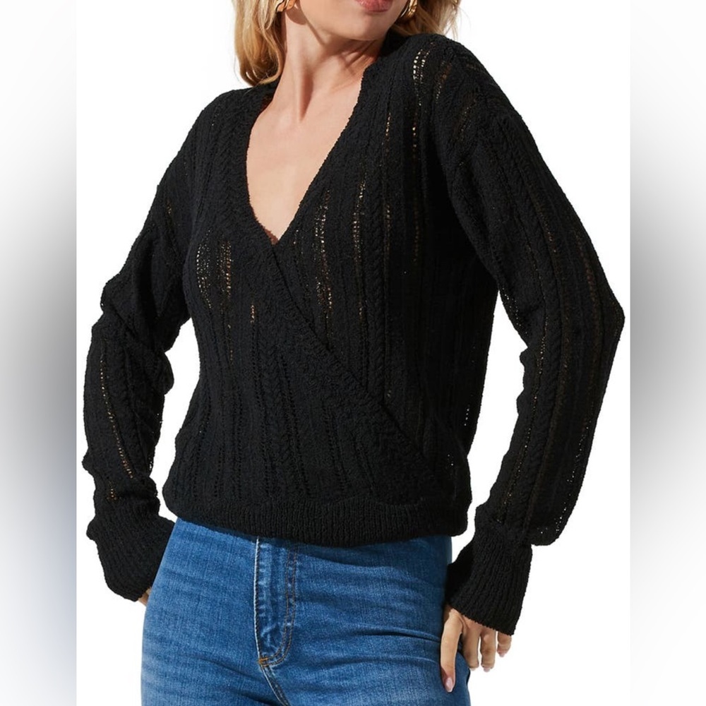 NWT Astr the label pointelle wrap black sweater sz xs